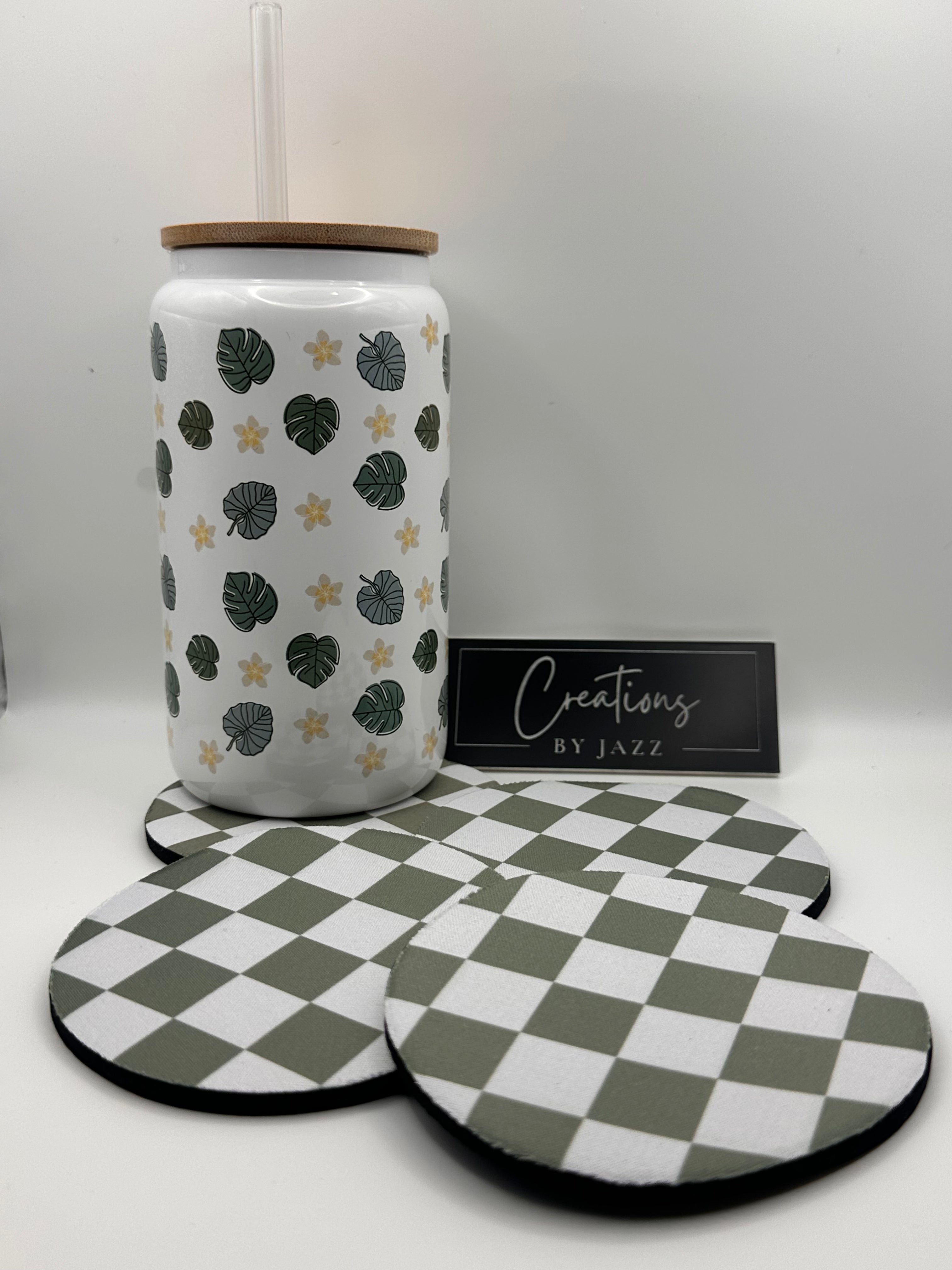 Sage Green Checkered House Coaster Set